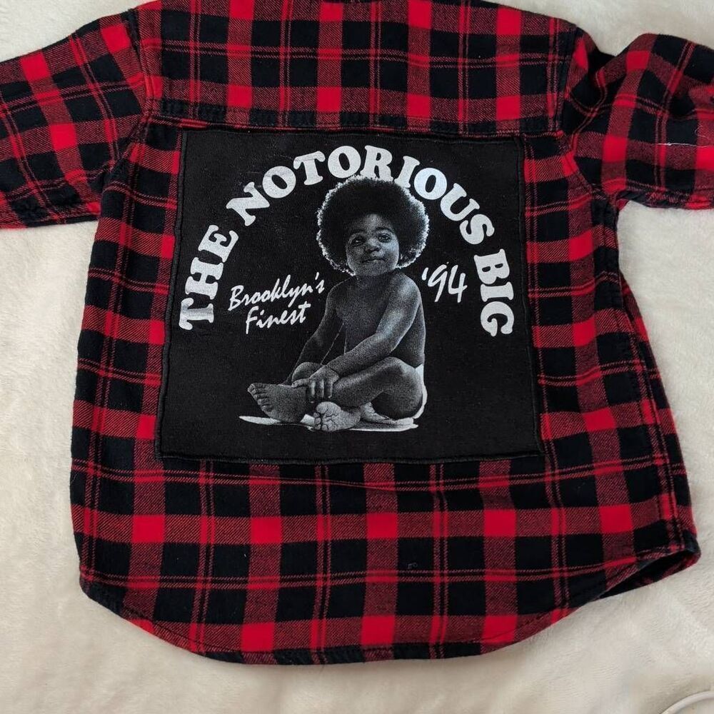 The Notorious B.I.G. upcycled red and black Carters Flannel shirt size 2t